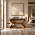 Contemporary Hourglass Wood Console Table With Open Shelves For Hallway