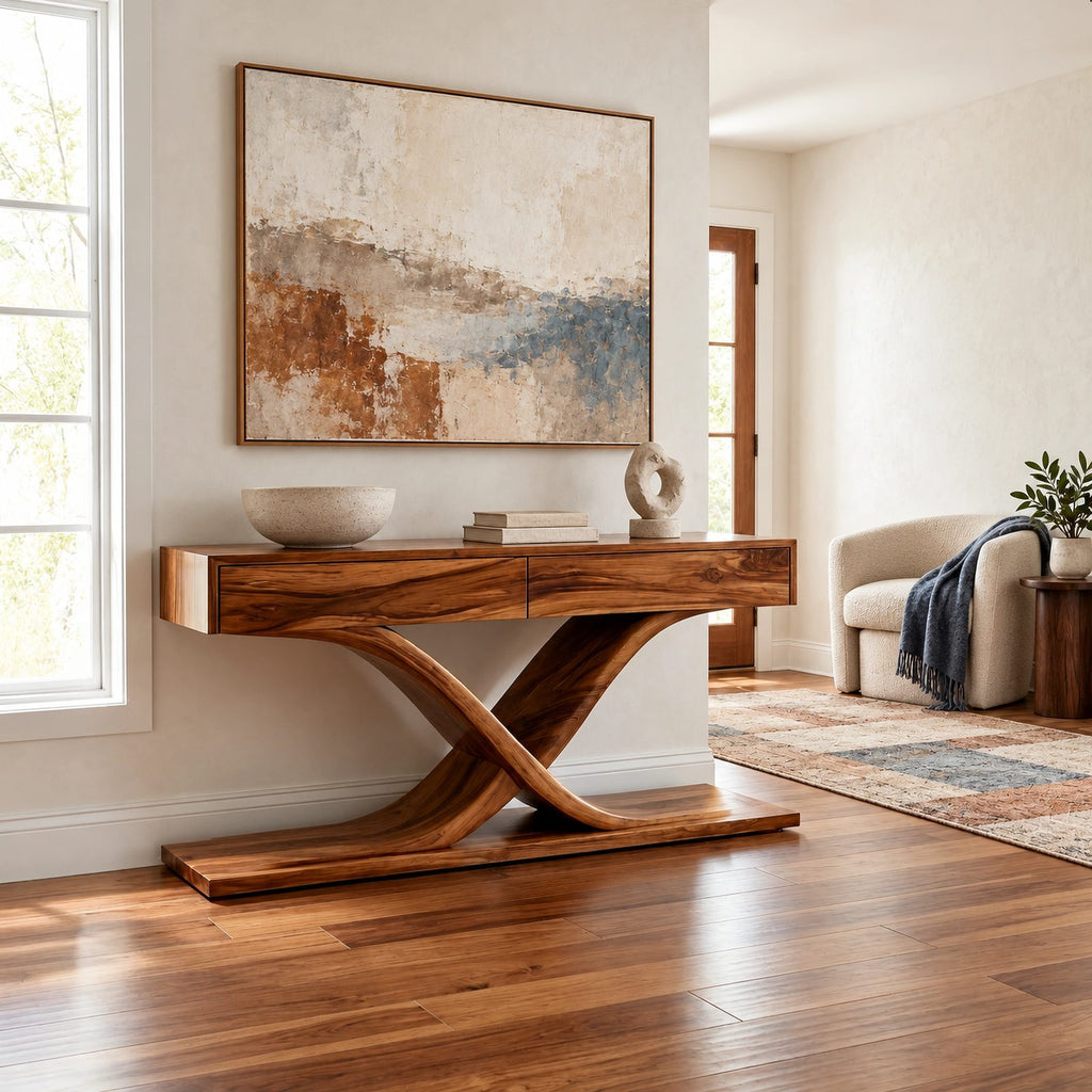 Modern Solid Wood Console Table With Crossed Curved Legs For Living Room