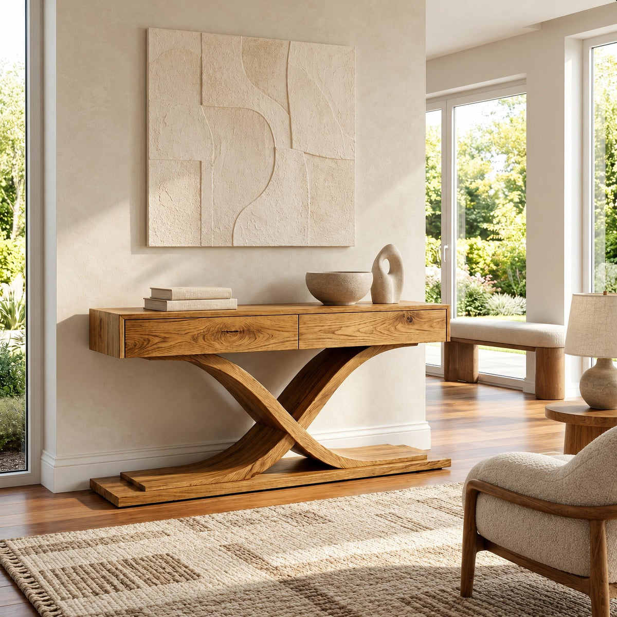 Modern Solid Wood Console Table With Crossed Curved Legs For Living Room