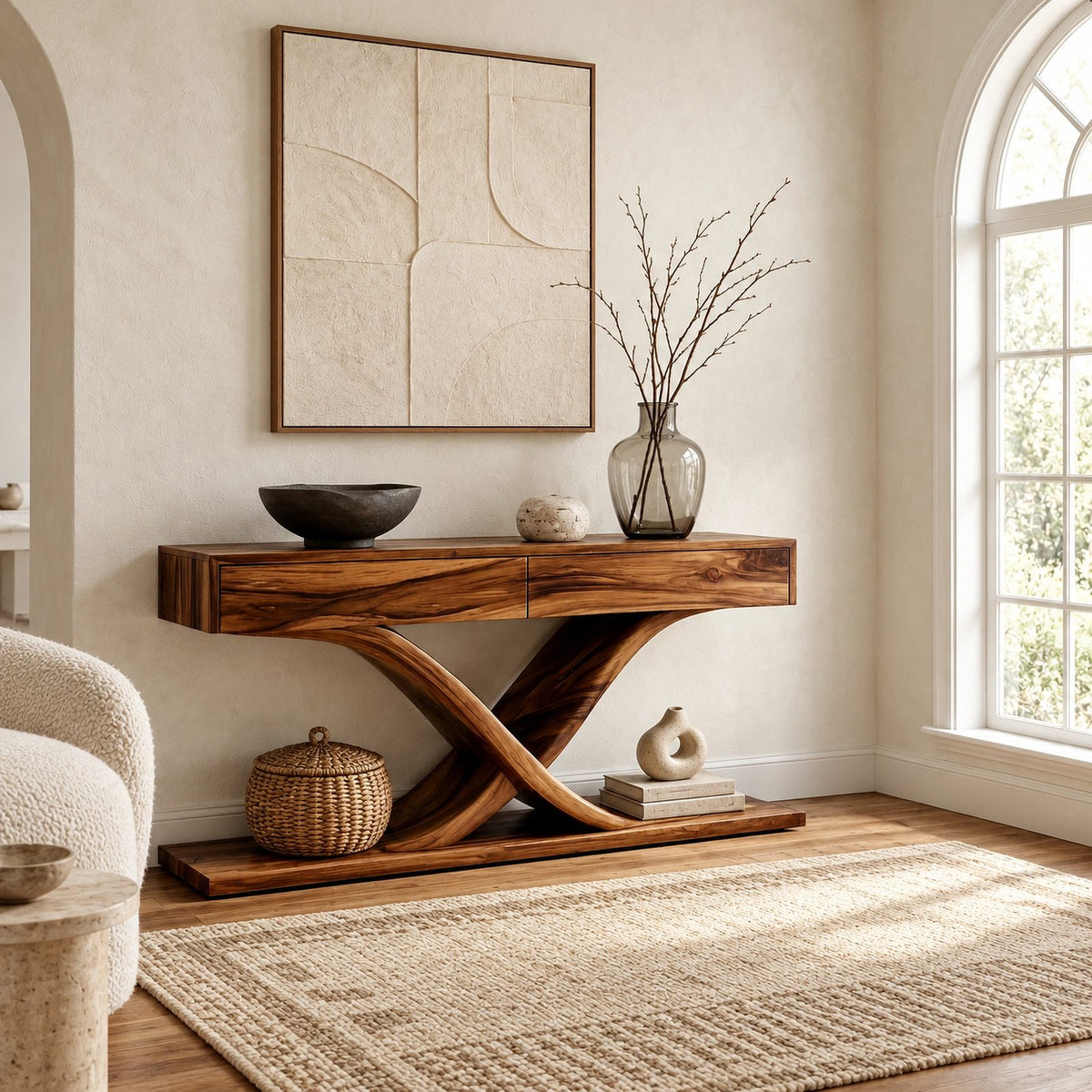 Modern Solid Wood Console Table With Crossed Curved Legs For Living Room