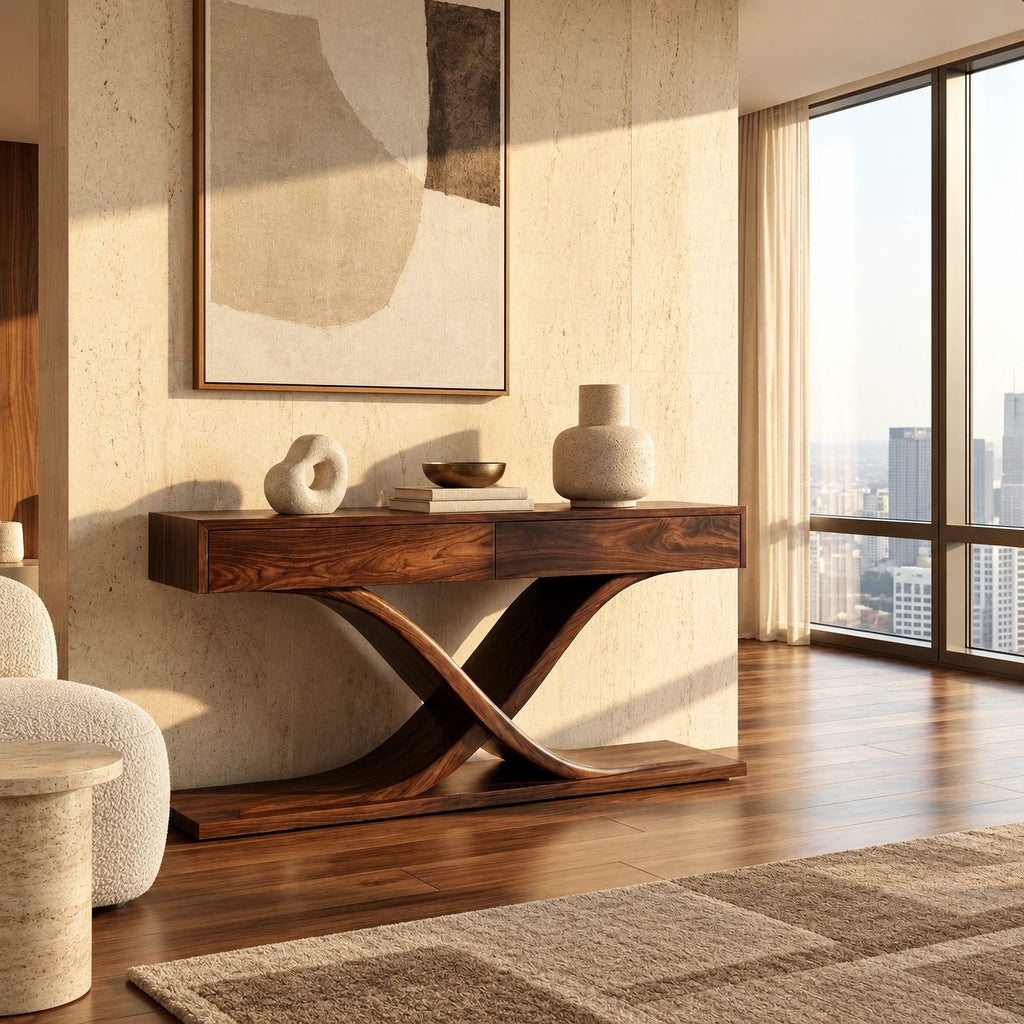 Modern Solid Wood Console Table With Crossed Curved Legs For Living Room