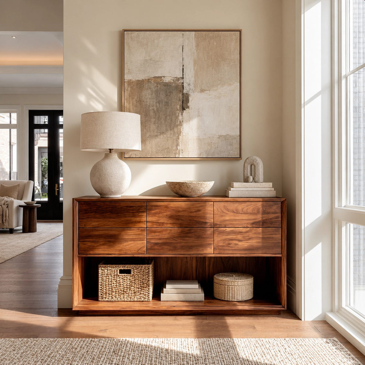Minimalist Solid Wood Console Table With 6 Drawers For Entryway