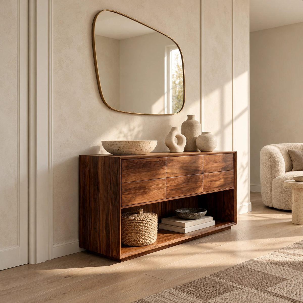 Minimalist Solid Wood Console Table With 6 Drawers For Entryway