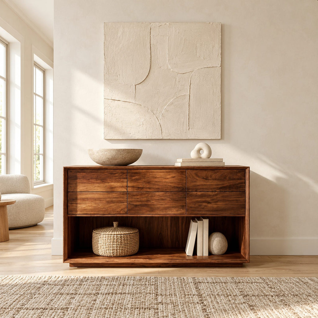 Minimalist Solid Wood Console Table With 6 Drawers For Entryway