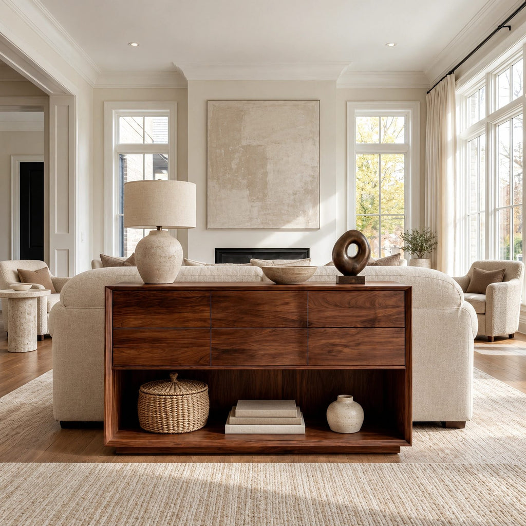 Minimalist Solid Wood Console Table With 6 Drawers For Entryway