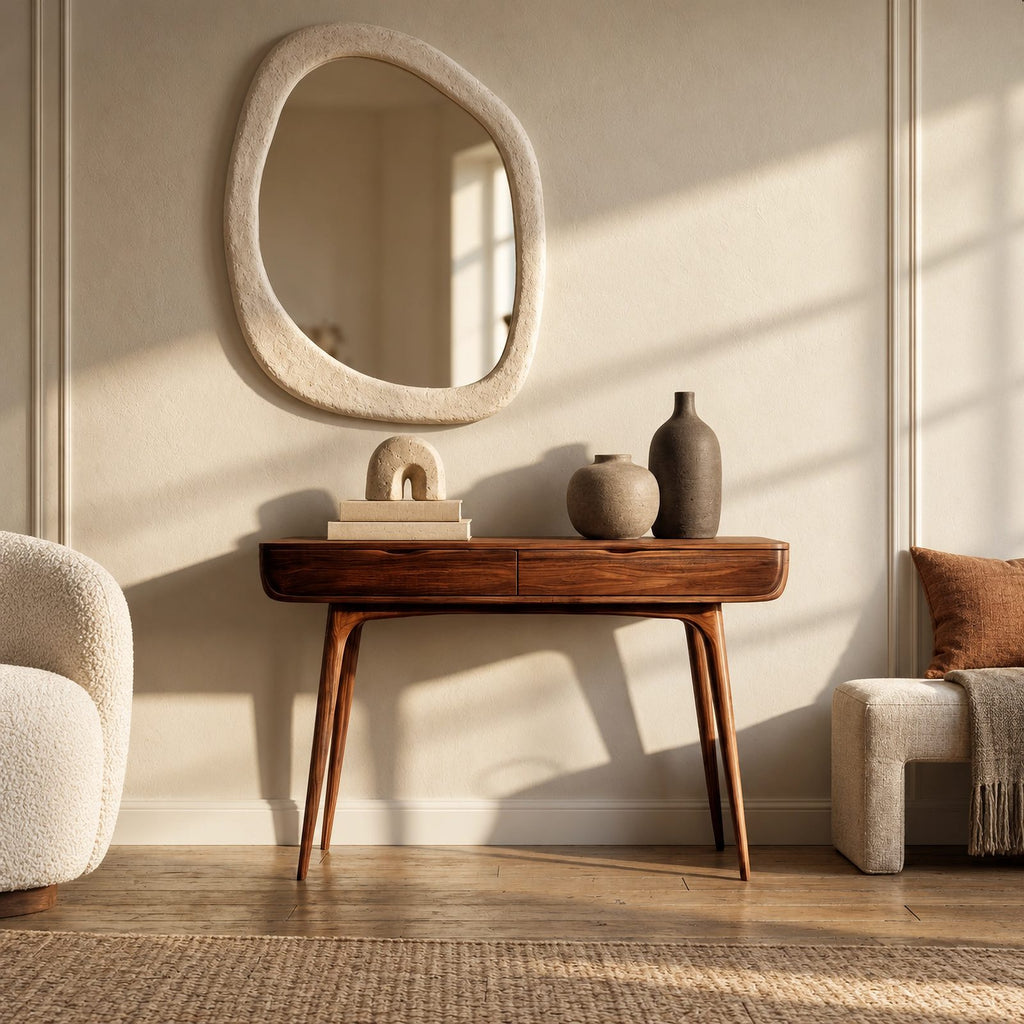 Mid Century Slim Wood Console Table With 2 Drawers For Hallway