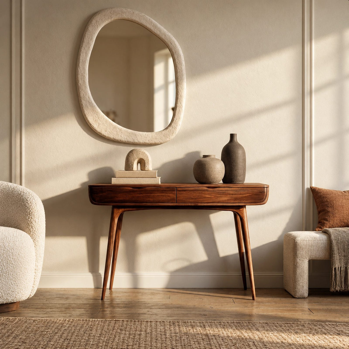 Mid Century Slim Wood Console Table With 2 Drawers For Hallway