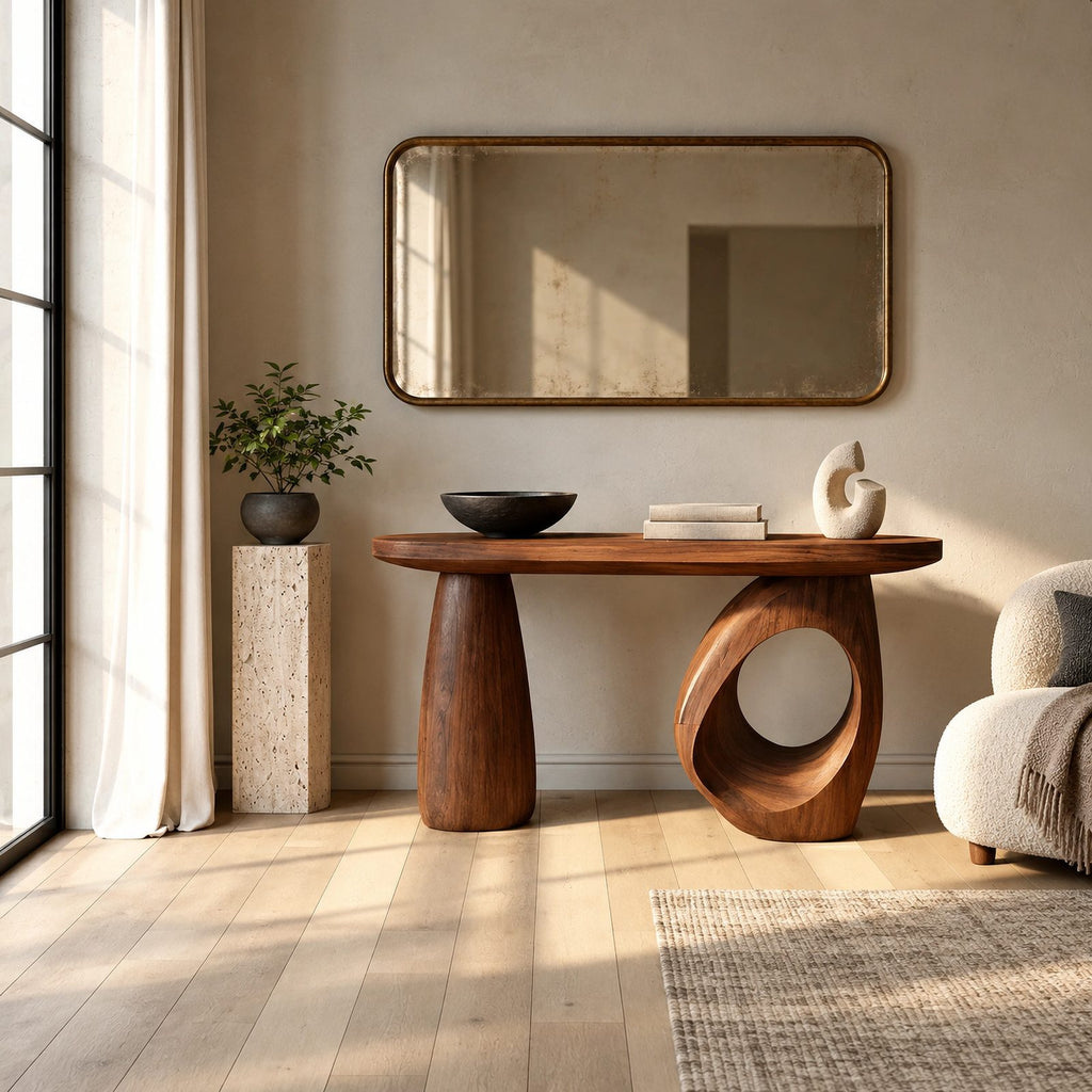 Handcrafted Sculptural Console Table With Ring Leg For Entryway