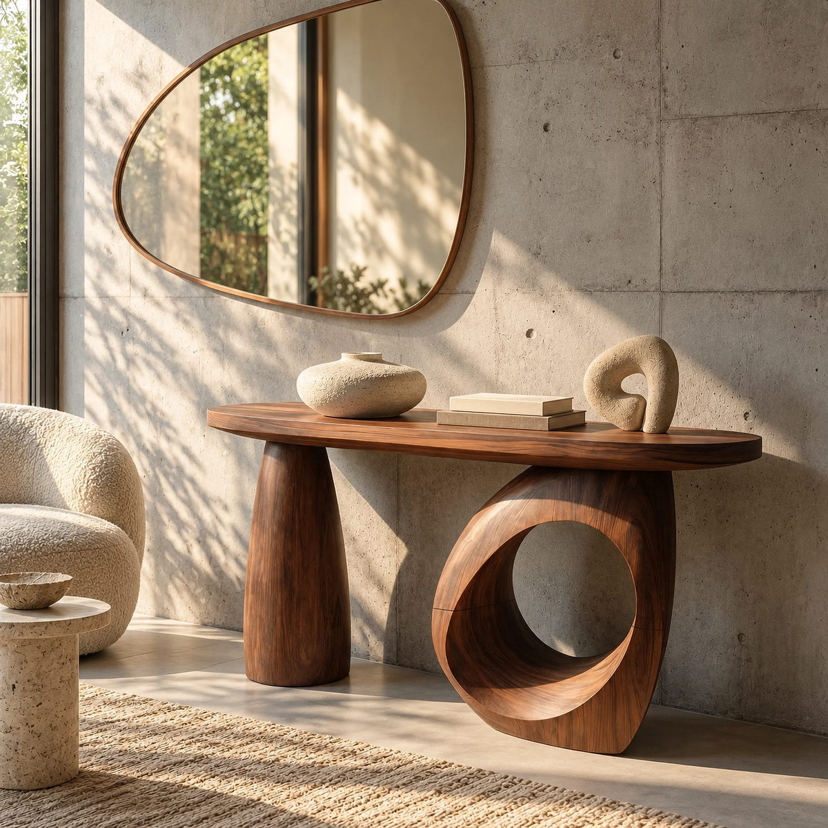 Handcrafted Sculptural Console Table With Ring Leg For Entryway