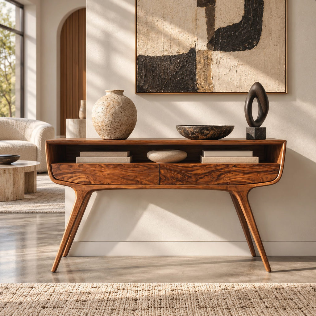 Retro Curved Solid Wood Console Table With Open Storage Cubby For Entryway