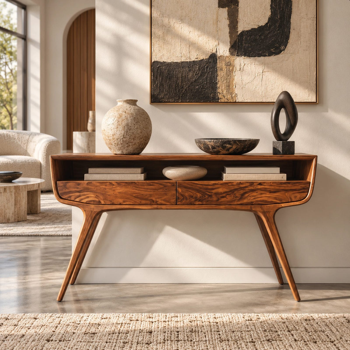 Retro Curved Solid Wood Console Table With Open Storage Cubby For Entryway