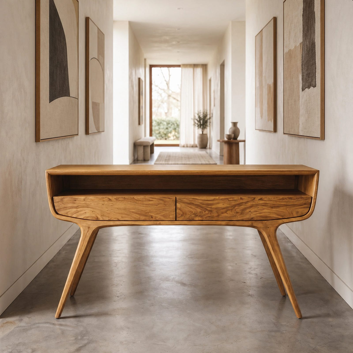 Retro Curved Solid Wood Console Table With Open Storage Cubby For Entryway