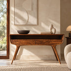 Retro Curved Solid Wood Console Table With Open Storage Cubby For Entryway