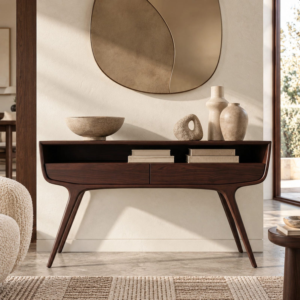 Retro Curved Solid Wood Console Table With Open Storage Cubby For Entryway