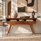 Retro Curved Solid Wood Console Table With Open Storage Cubby For Entryway