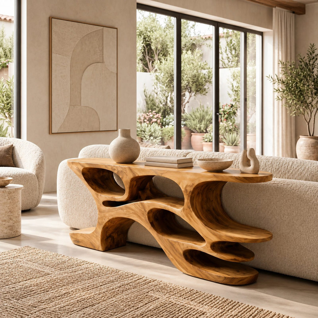 Artisan Carved Wood Console Table With Wavy Open Shelves For Living Room