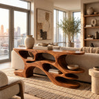 Artisan Carved Wood Console Table With Wavy Open Shelves For Living Room