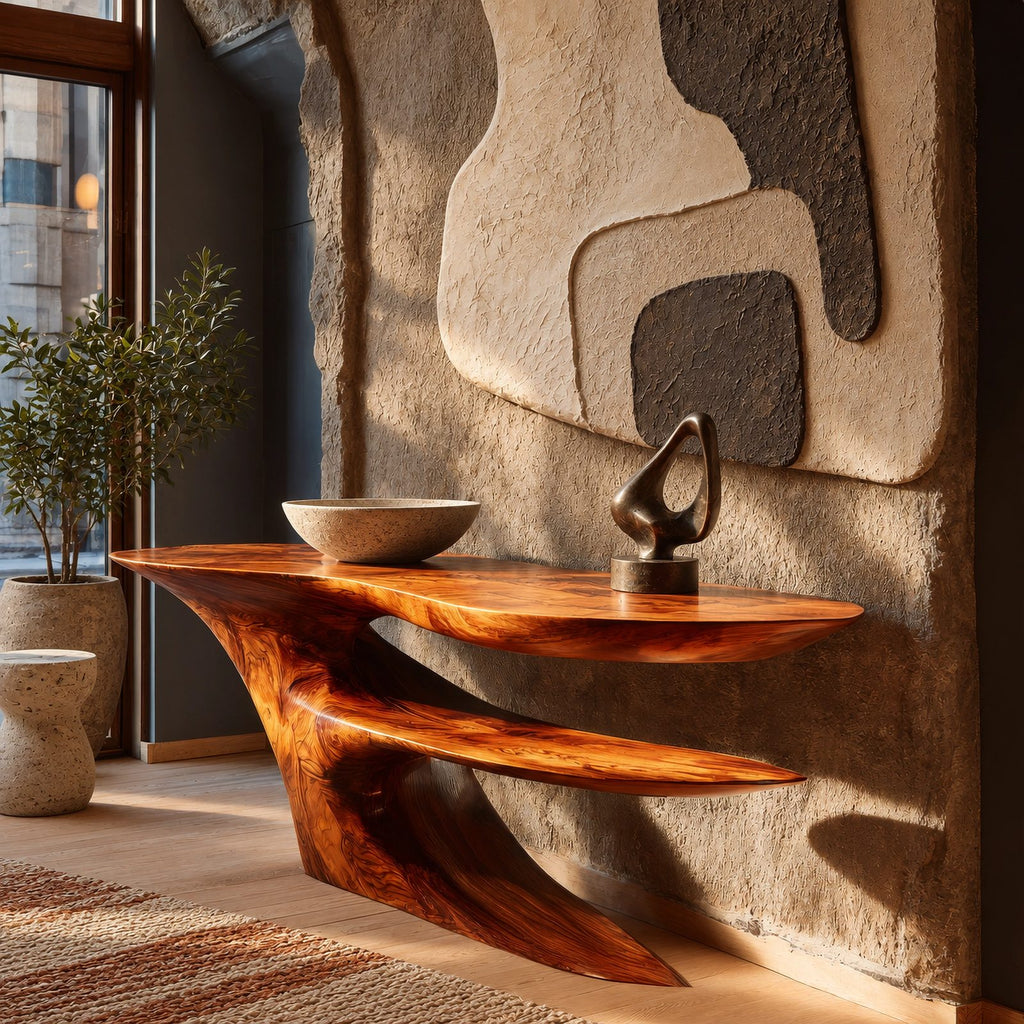 Statement Cantilever Console Table With Lower Wing Shelf For Entryway
