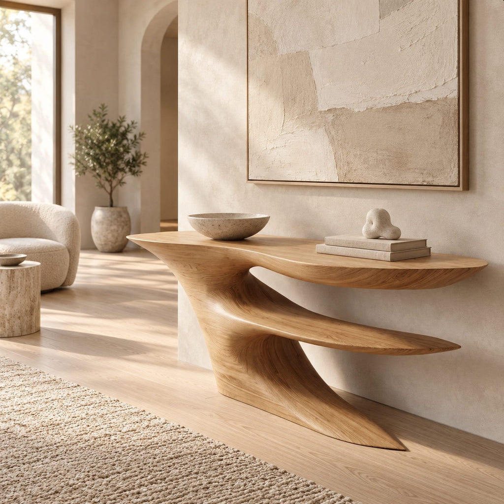 Statement Cantilever Console Table With Lower Wing Shelf For Entryway