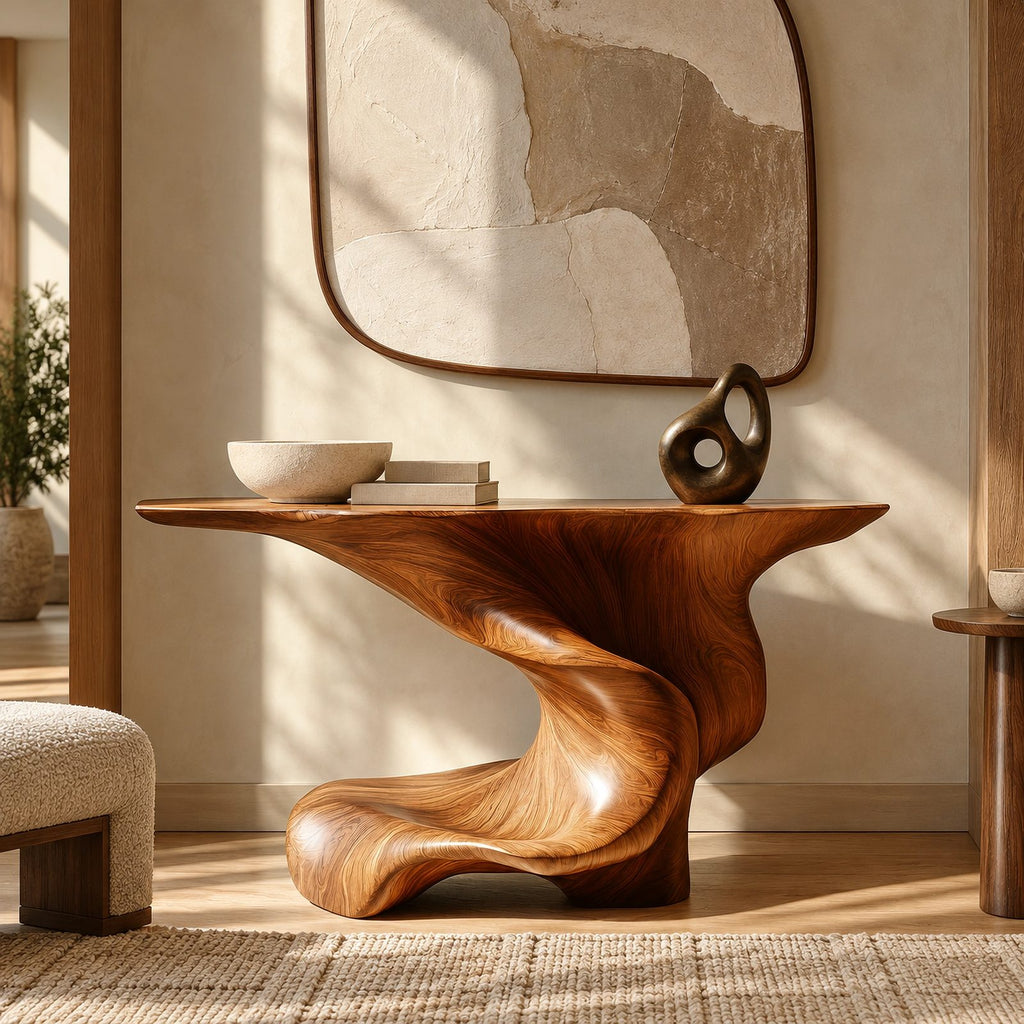 Artisan Swirl Pedestal Wood Console Table With Flared Top For Entryway