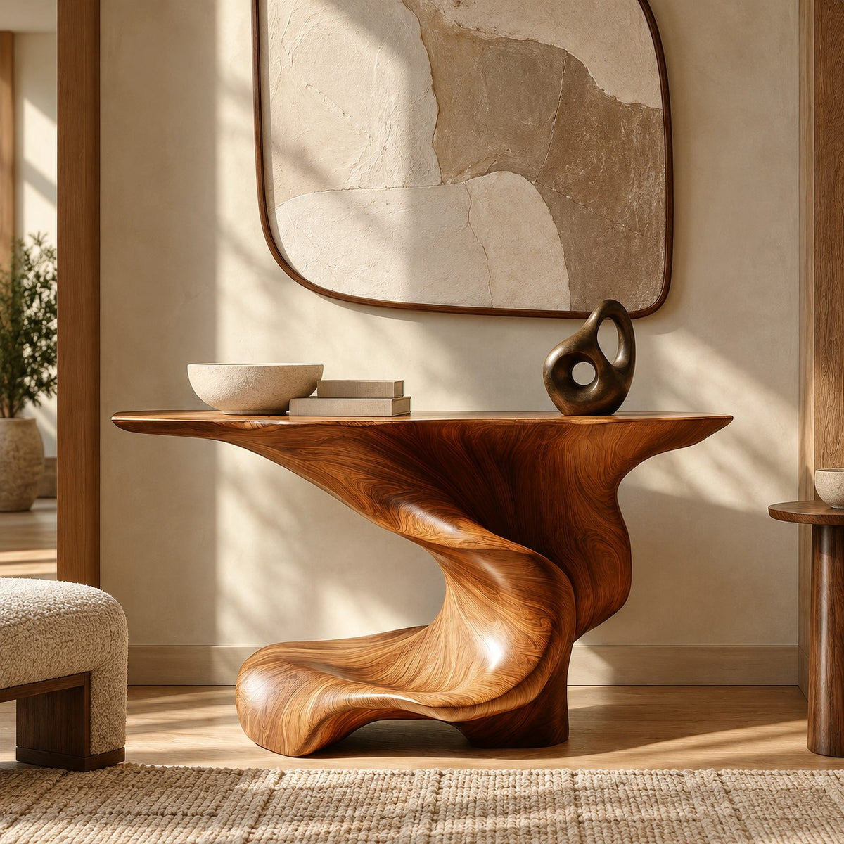 Artisan Swirl Pedestal Wood Console Table With Flared Top For Entryway