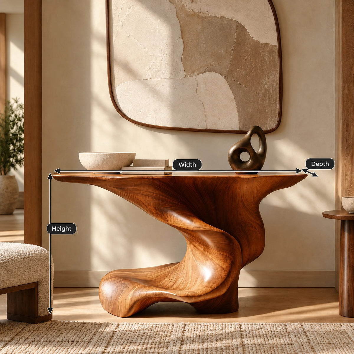 Artisan Swirl Pedestal Wood Console Table With Flared Top For Entryway