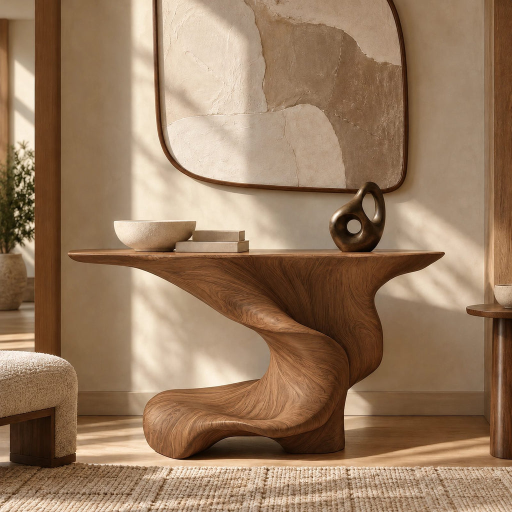 Artisan Swirl Pedestal Wood Console Table With Flared Top For Entryway