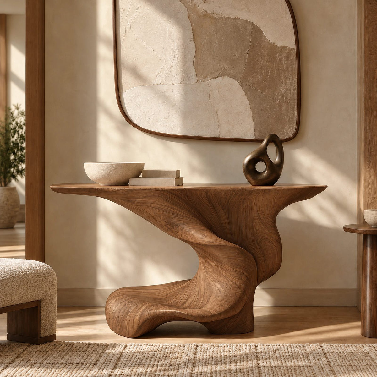 Artisan Swirl Pedestal Wood Console Table With Flared Top For Entryway