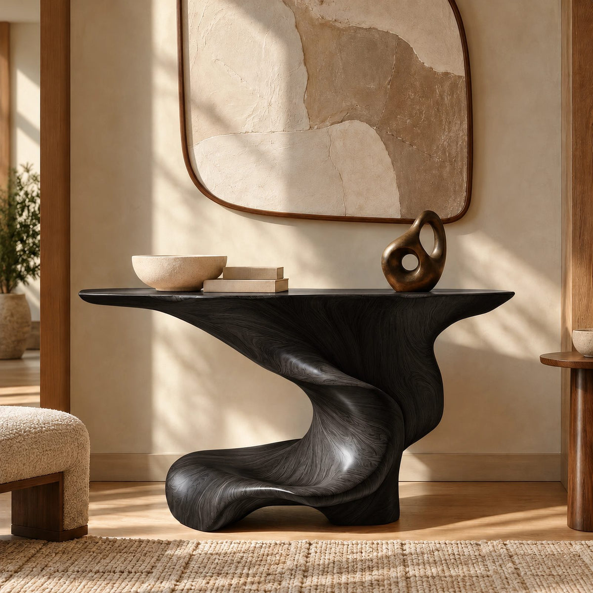 Artisan Swirl Pedestal Wood Console Table With Flared Top For Entryway