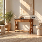 Traditional Sculpted Wood Console Table With Crossed X Legs For Entryway