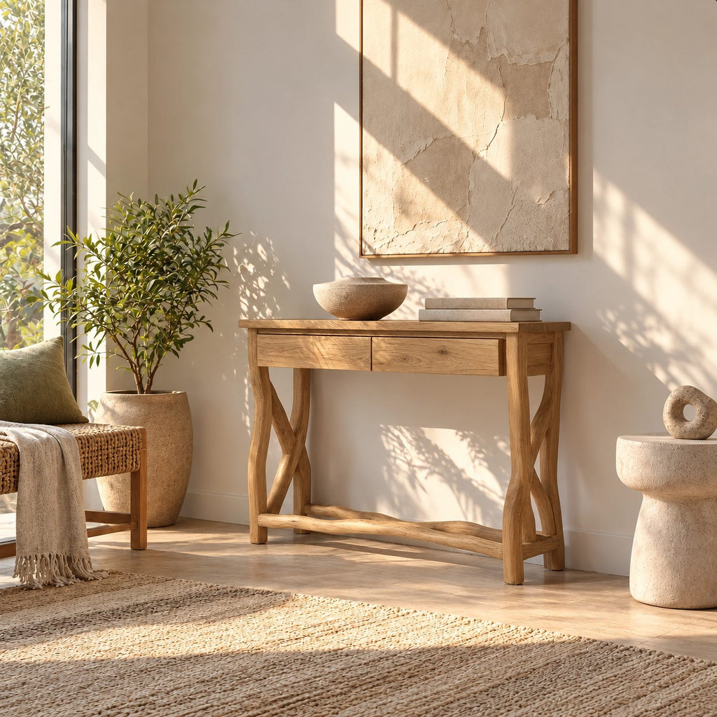 Traditional Sculpted Wood Console Table With Crossed X Legs For Entryway