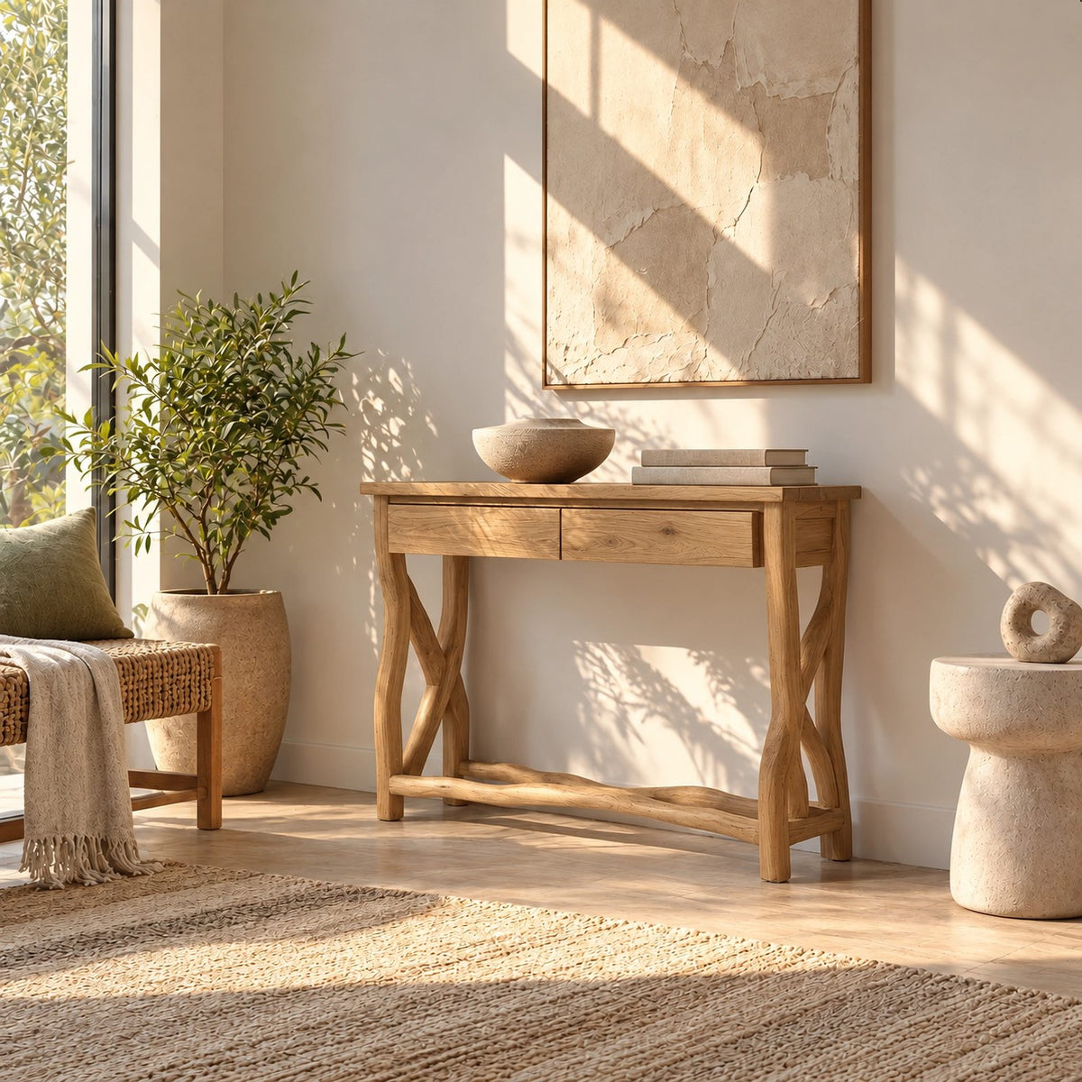 Traditional Sculpted Wood Console Table With Crossed X Legs For Entryway