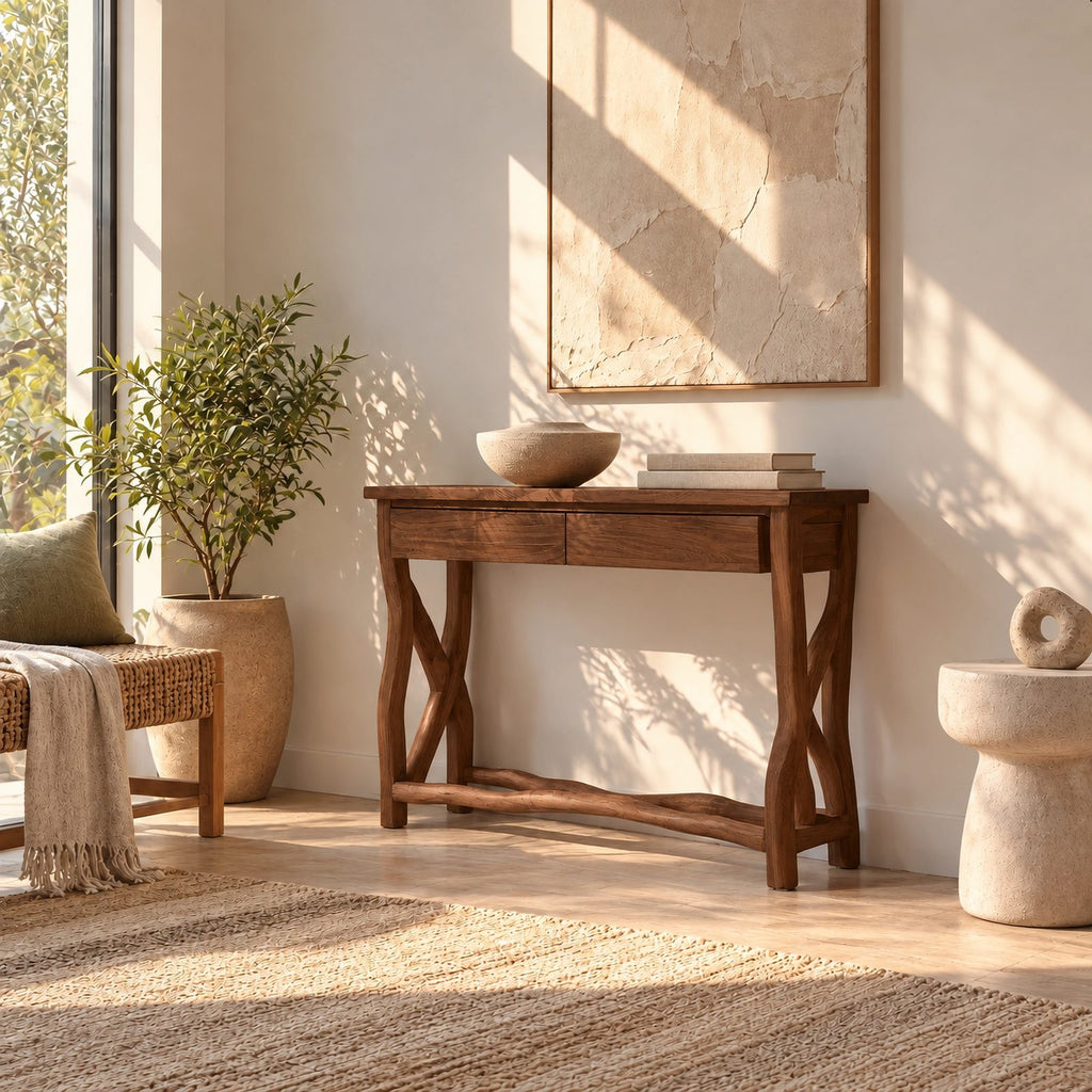 Traditional Sculpted Wood Console Table With Crossed X Legs For Entryway