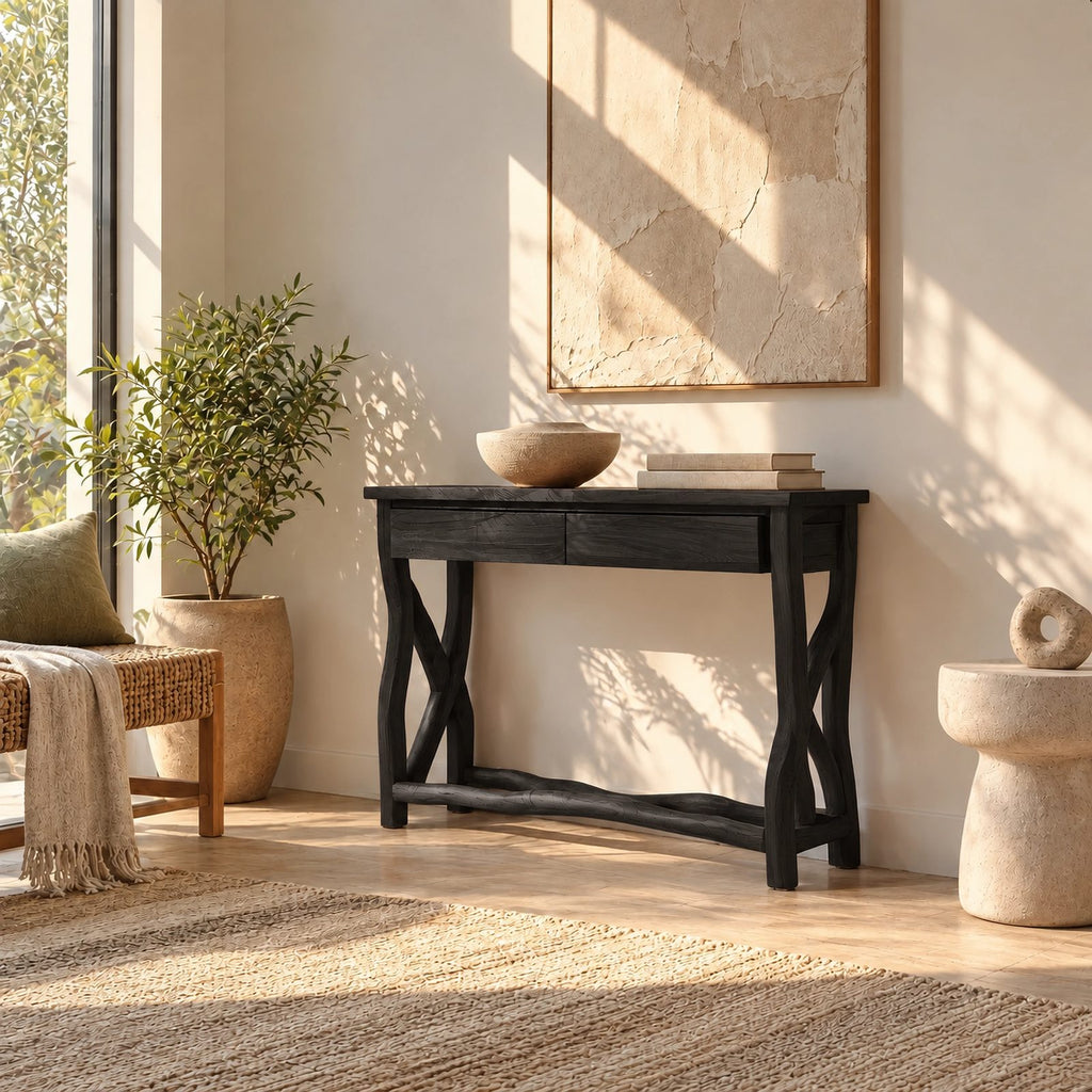 Traditional Sculpted Wood Console Table With Crossed X Legs For Entryway