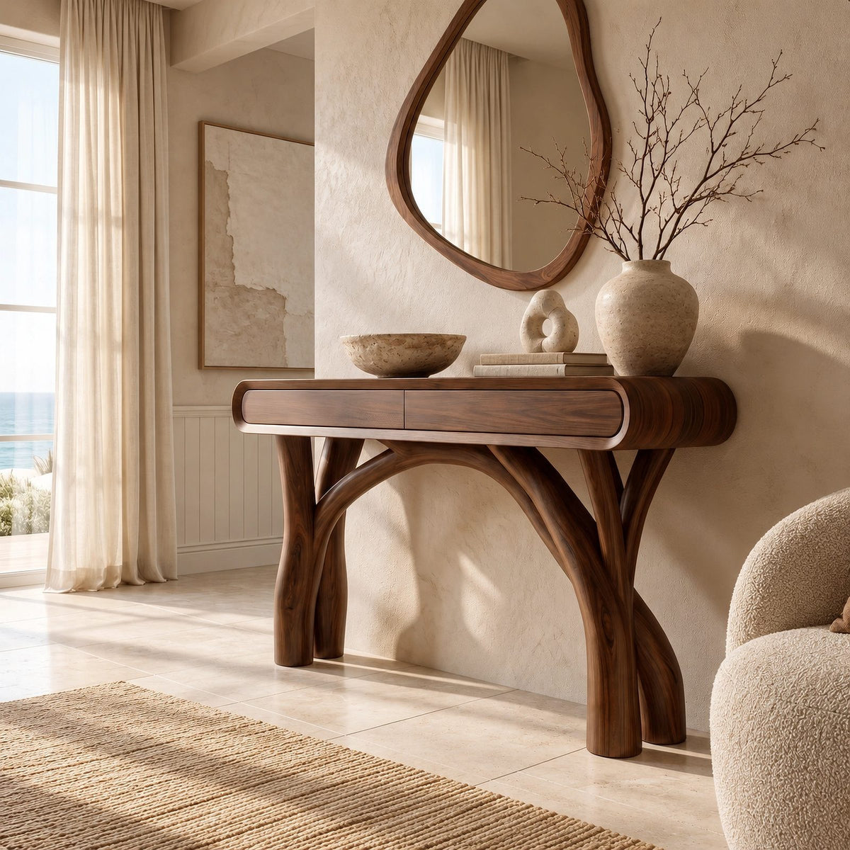 Organic Curved Wood Console Table With Arched Branch Legs For Entryway