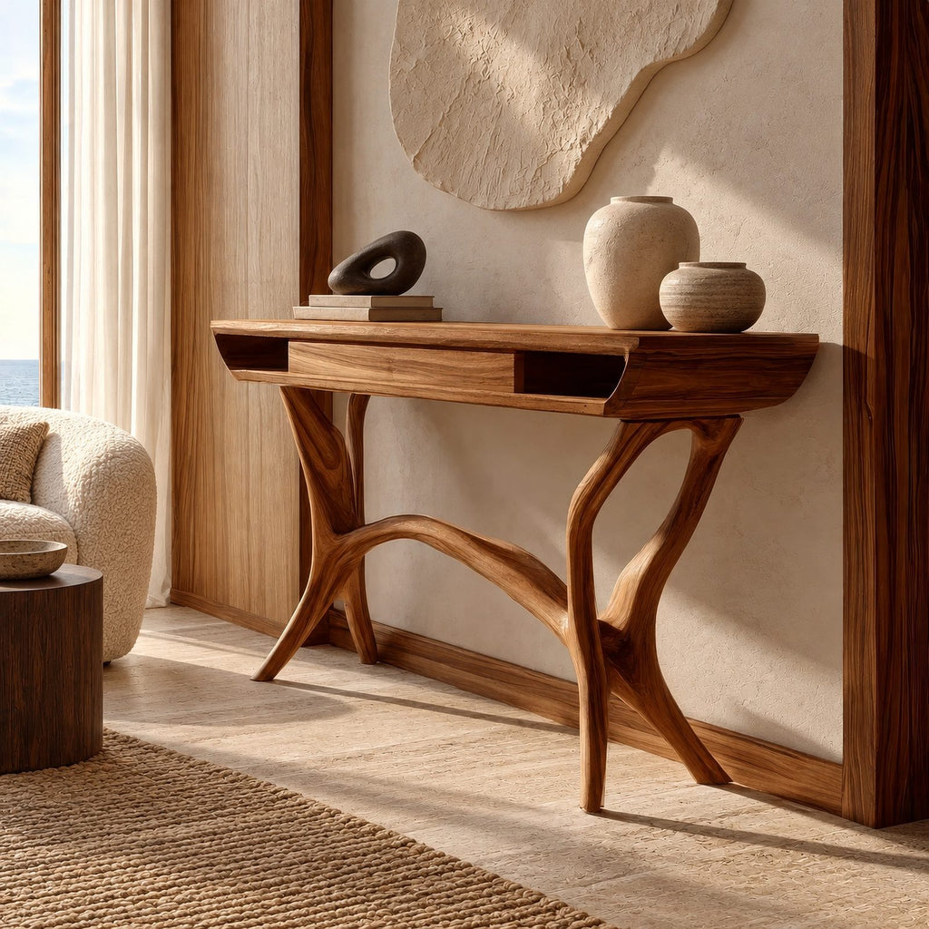 Mid Century Sculpted Console Table With Open Side Cubbies For Hallway
