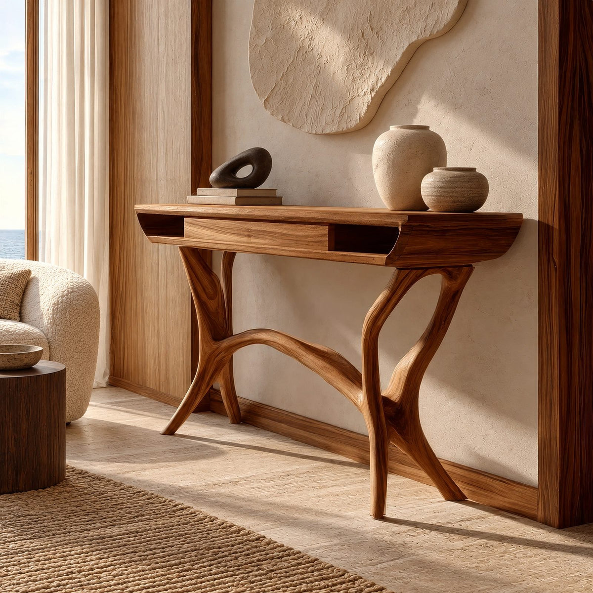 Mid Century Sculpted Console Table With Open Side Cubbies For Hallway