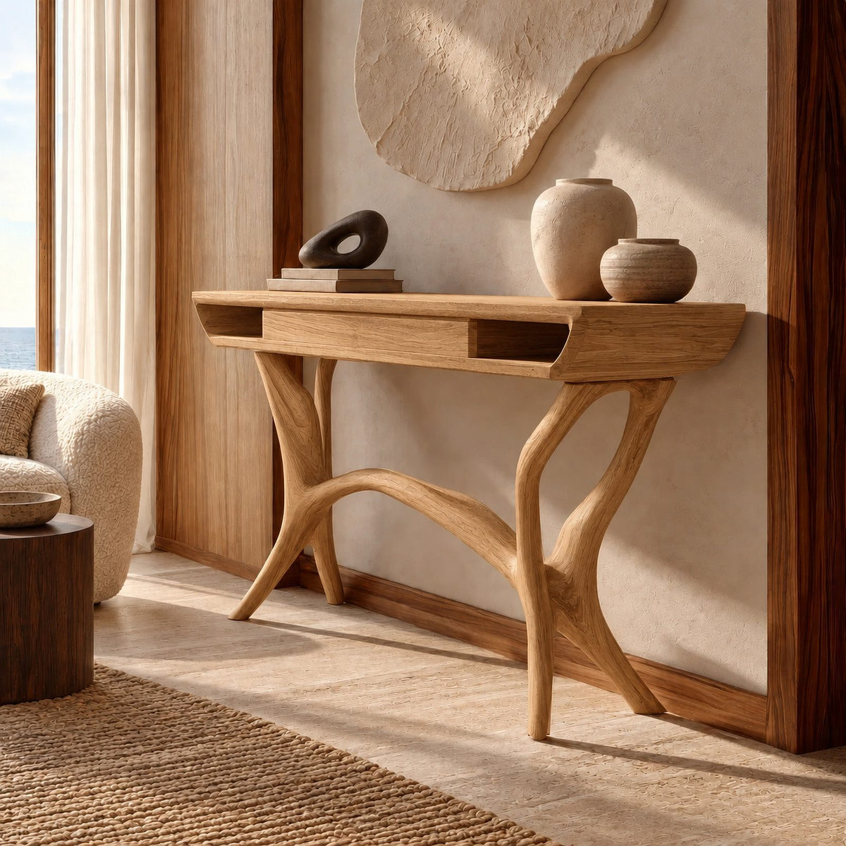 Mid Century Sculpted Console Table With Open Side Cubbies For Hallway