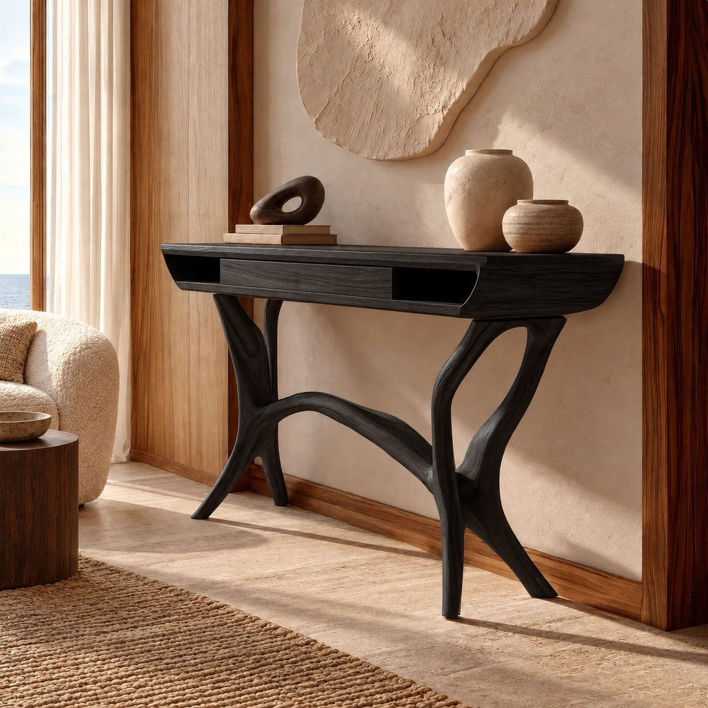 Mid Century Sculpted Console Table With Open Side Cubbies For Hallway