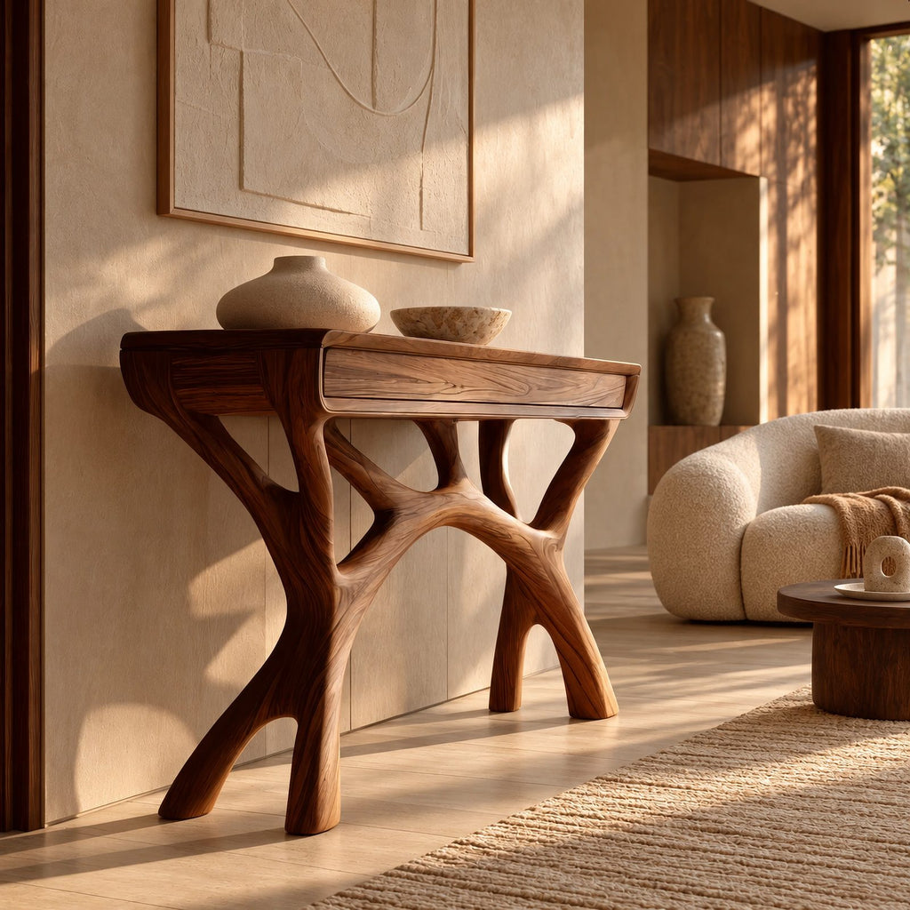 Sculptural Solid Wood Console Table With Branching Legs For Living Room