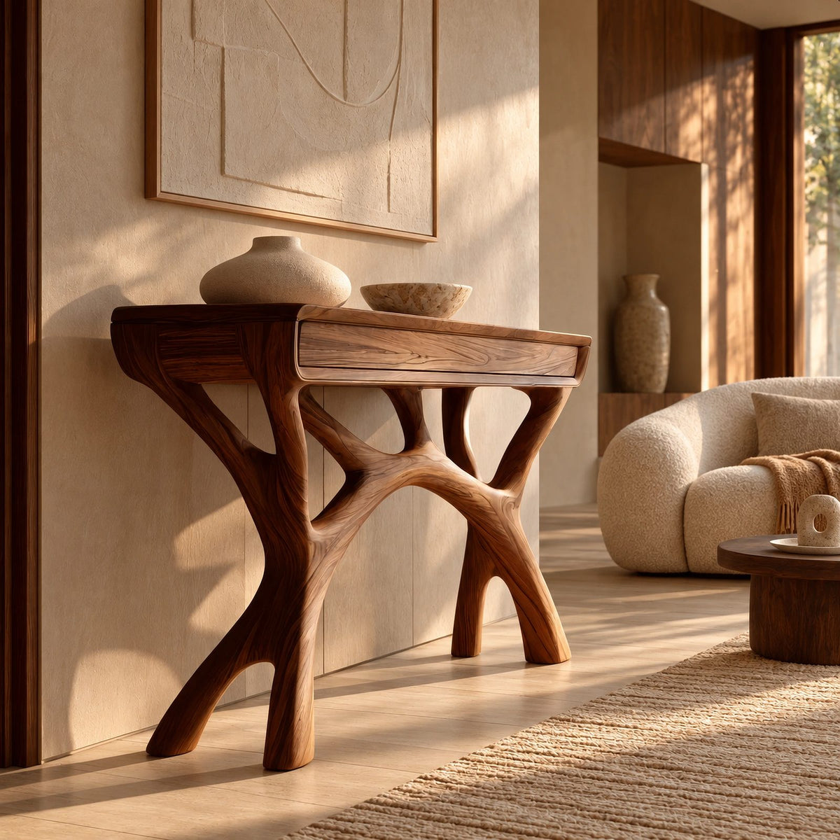 Sculptural Solid Wood Console Table With Branching Legs For Living Room