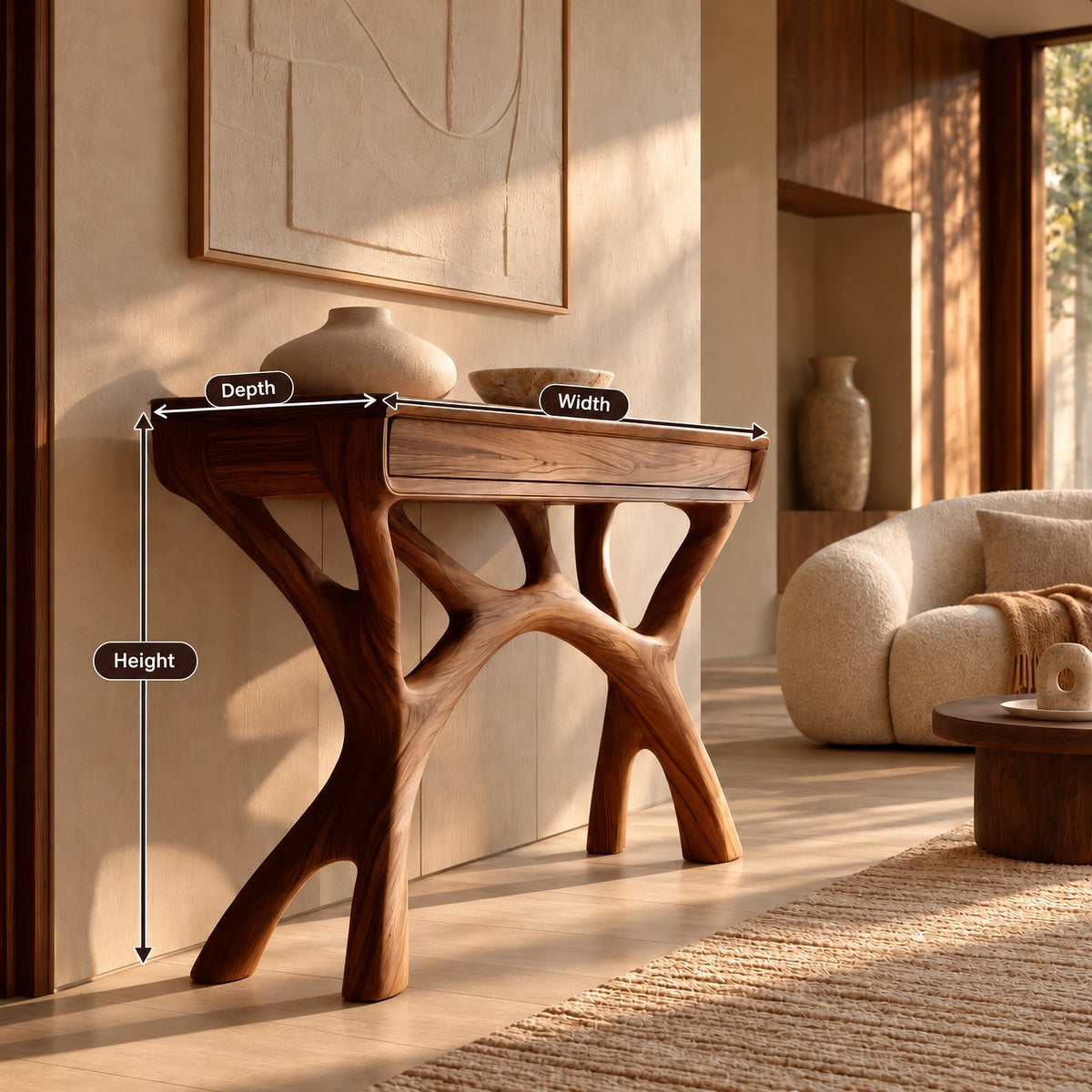 Sculptural Solid Wood Console Table With Branching Legs For Living Room