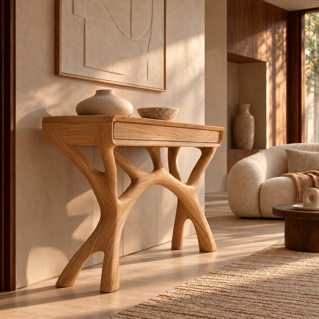 Sculptural Solid Wood Console Table With Branching Legs For Living Room