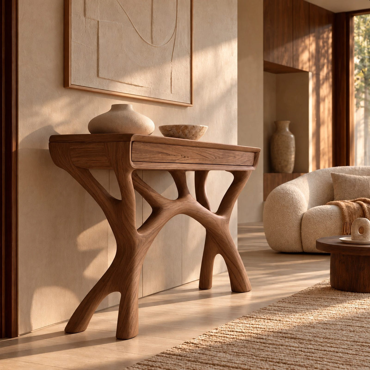 Sculptural Solid Wood Console Table With Branching Legs For Living Room