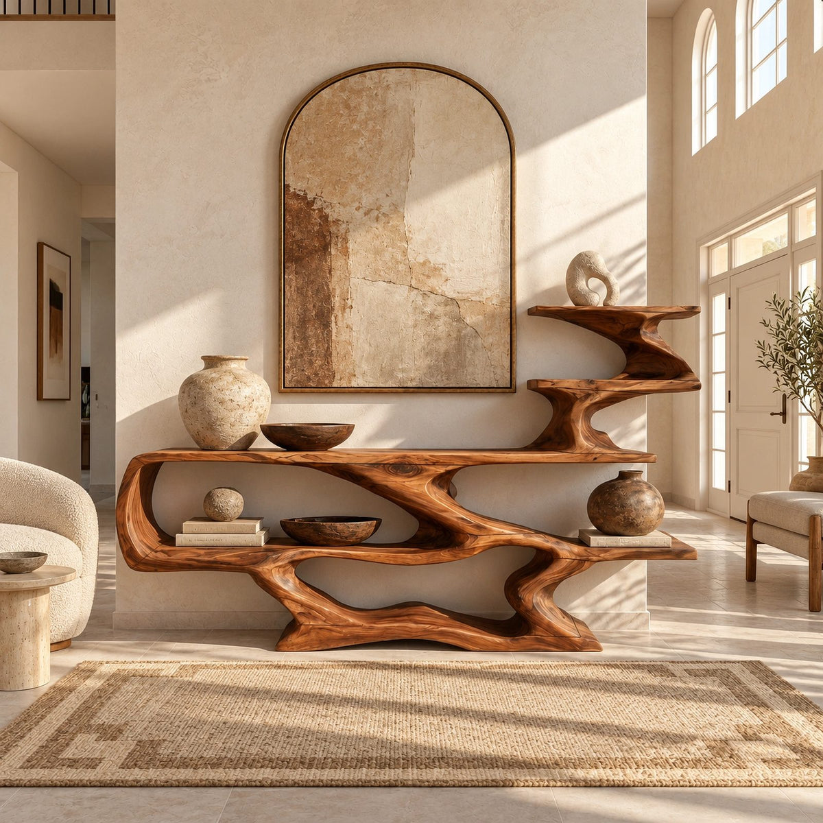 Sculptural Wood Console Table With Tiered Display Shelves For Entryway