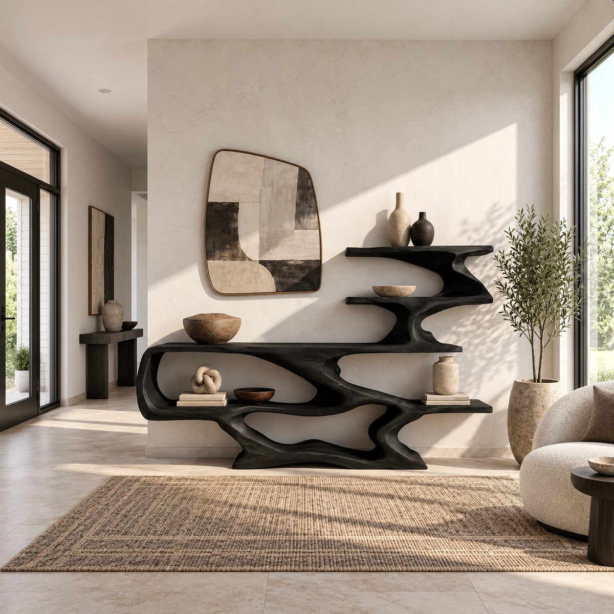 Sculptural Wood Console Table With Tiered Display Shelves For Entryway