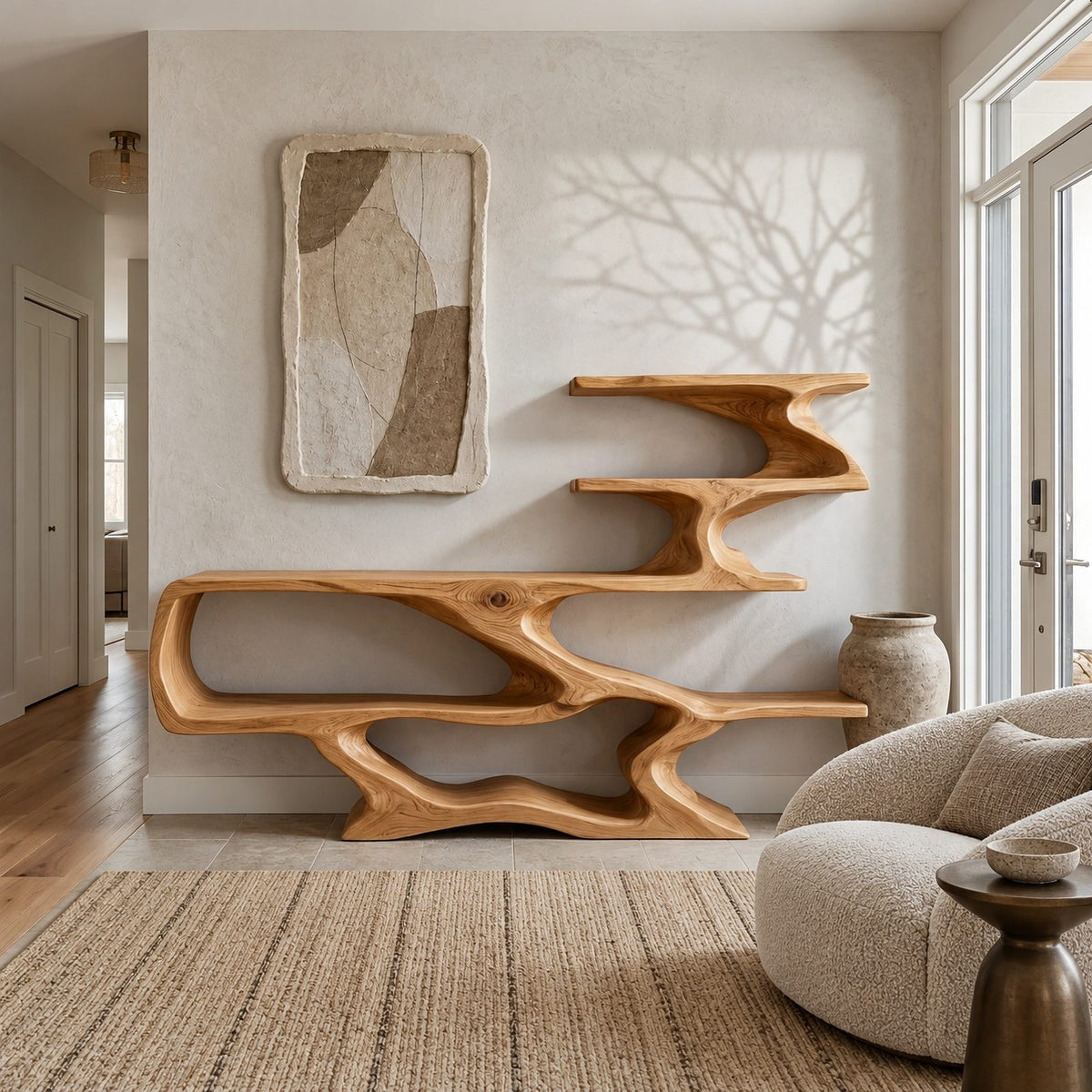 Sculptural Wood Console Table With Tiered Display Shelves For Entryway