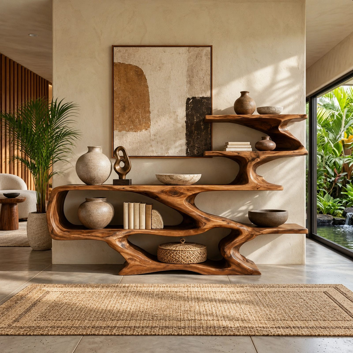 Sculptural Wood Console Table With Tiered Display Shelves For Entryway