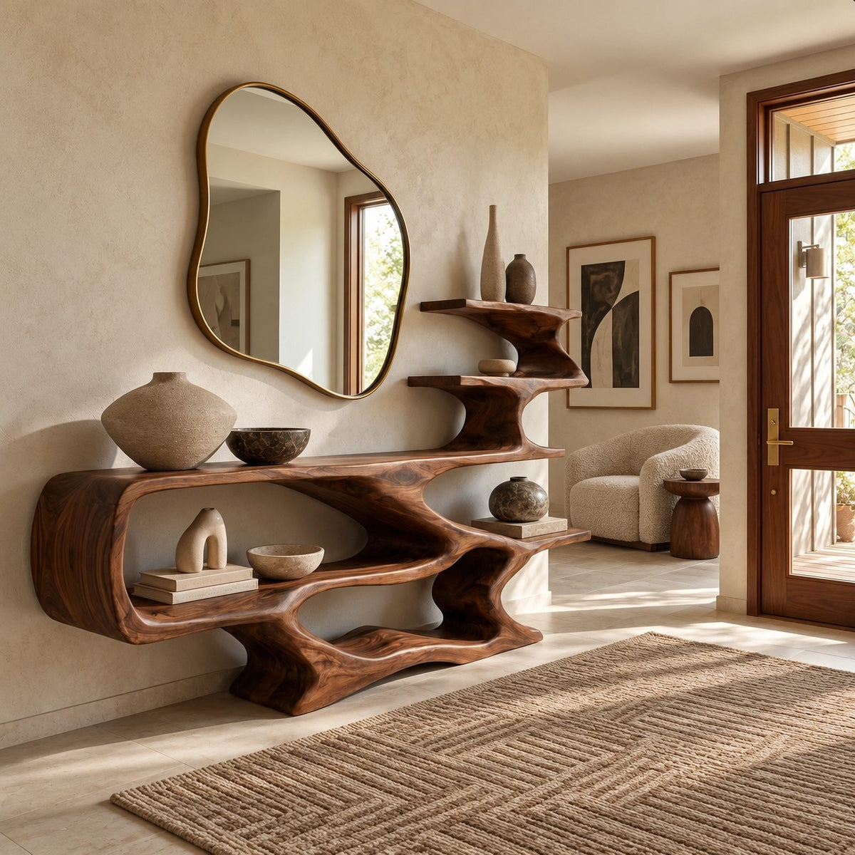 Sculptural Wood Console Table With Tiered Display Shelves For Entryway