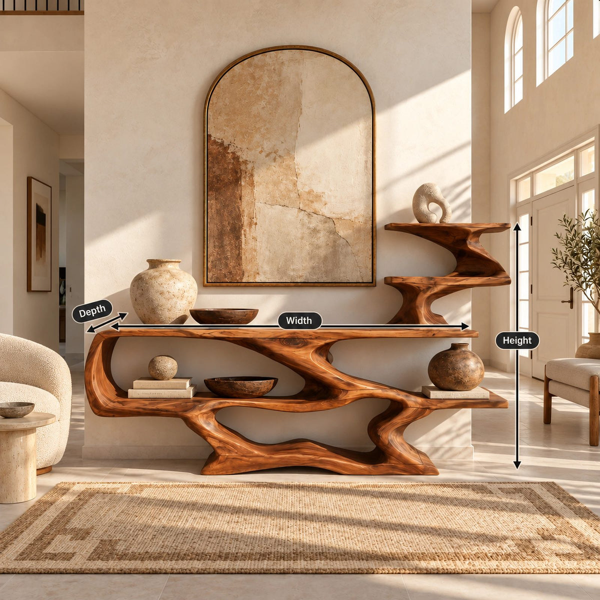 Sculptural Wood Console Table With Tiered Display Shelves For Entryway